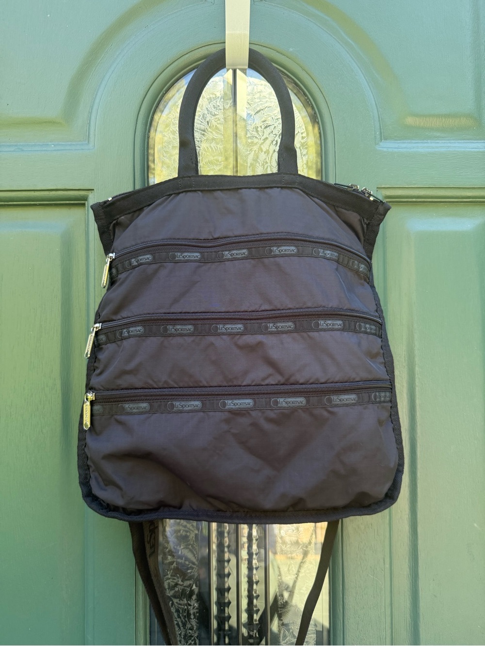 Lesportsac Black Nylon Convertible Backpack Tote with Gold Zippers